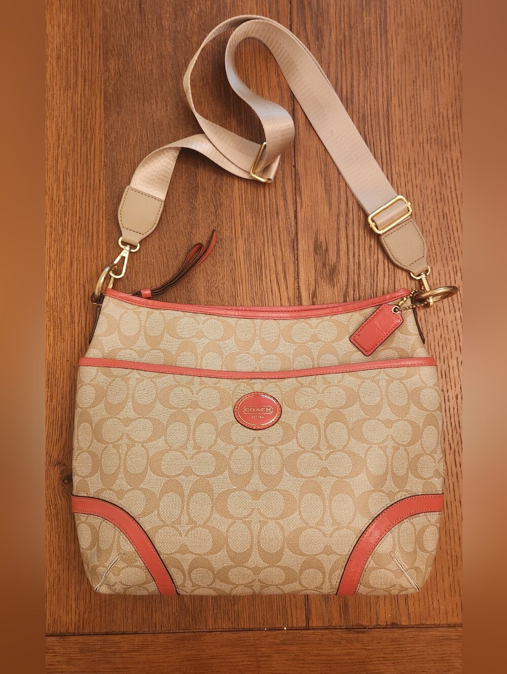 Coach Vintage Beige Signature Canvas Crossbody Coral Trim Circa 2012 PERFECT Y2K